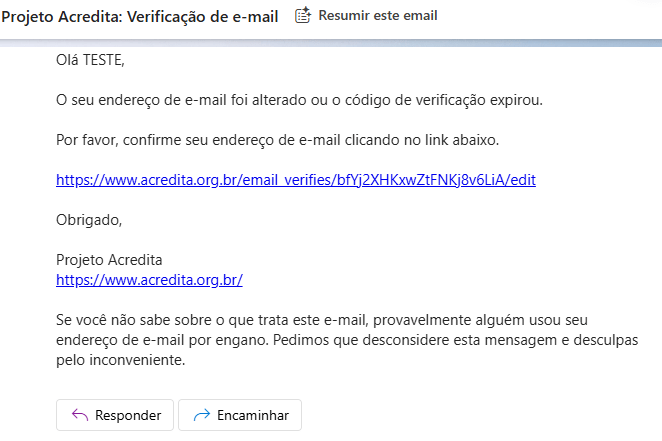 E-mail de verificação do Projeto Acredita