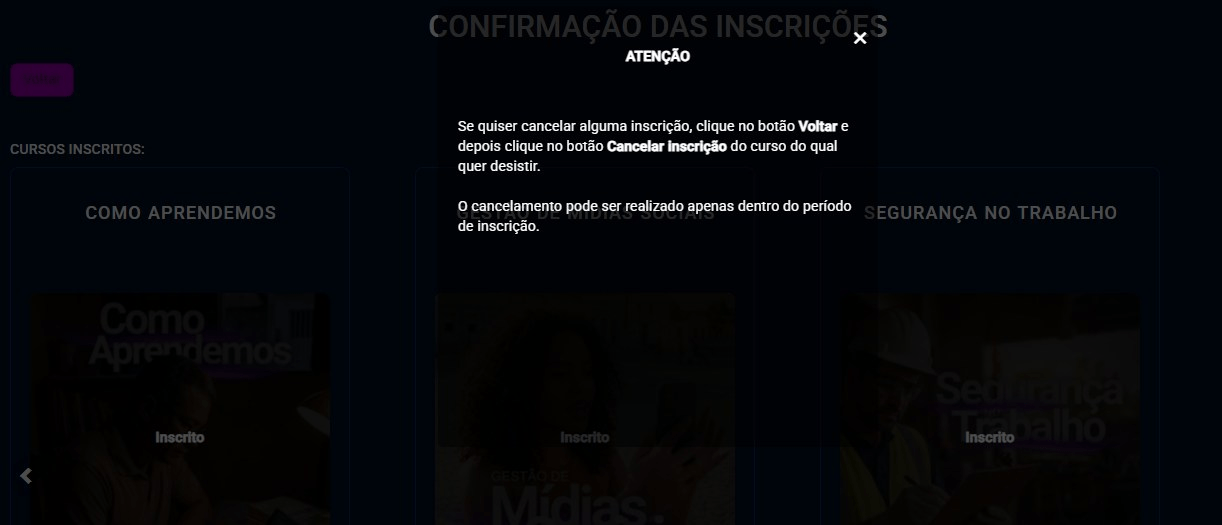 Modal de atenção explicando como cancelar inscrição