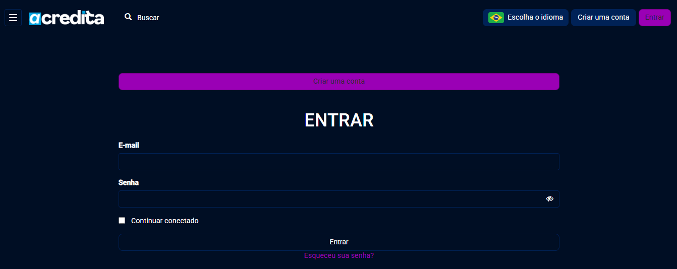 Tela de login com botão Criar uma conta