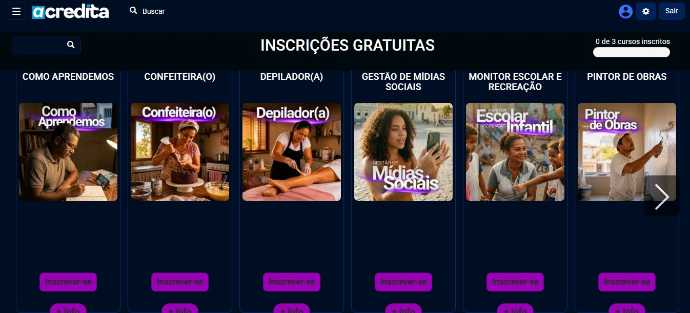 Tela de inscrições com botão Inscrever-se em cada curso